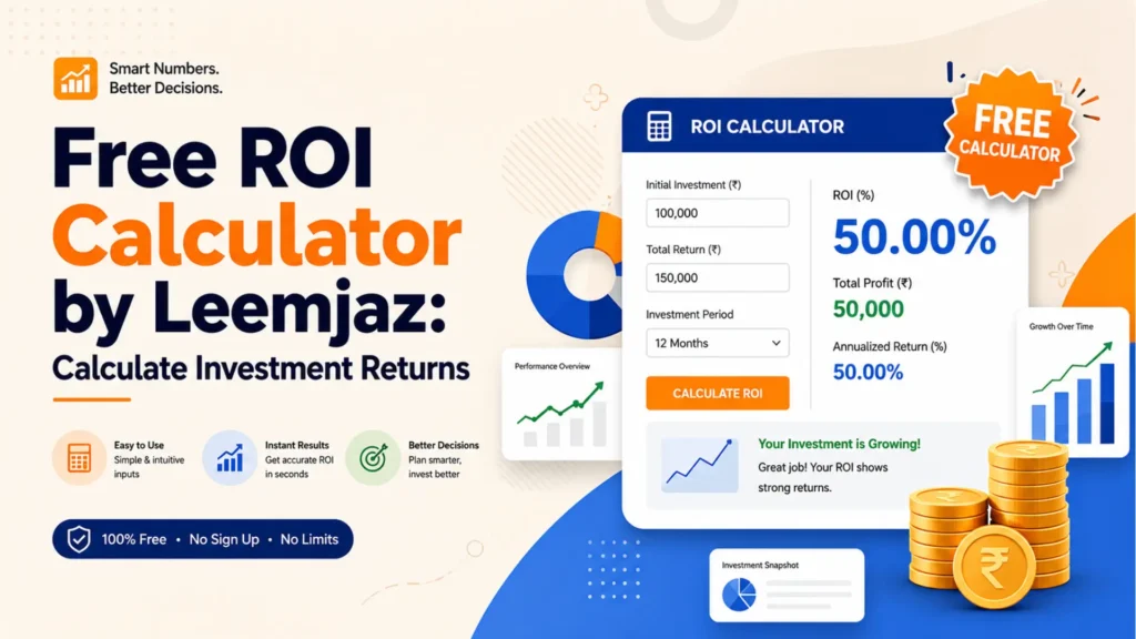 ROI calculator graphic showing investment returns, total profit, annualized return, and growth tracking for better decisions.