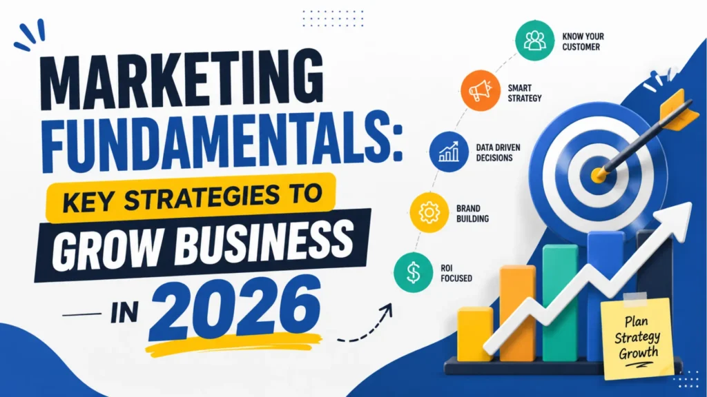 Marketing fundamentals blog image with target, growth chart and strategy icons
