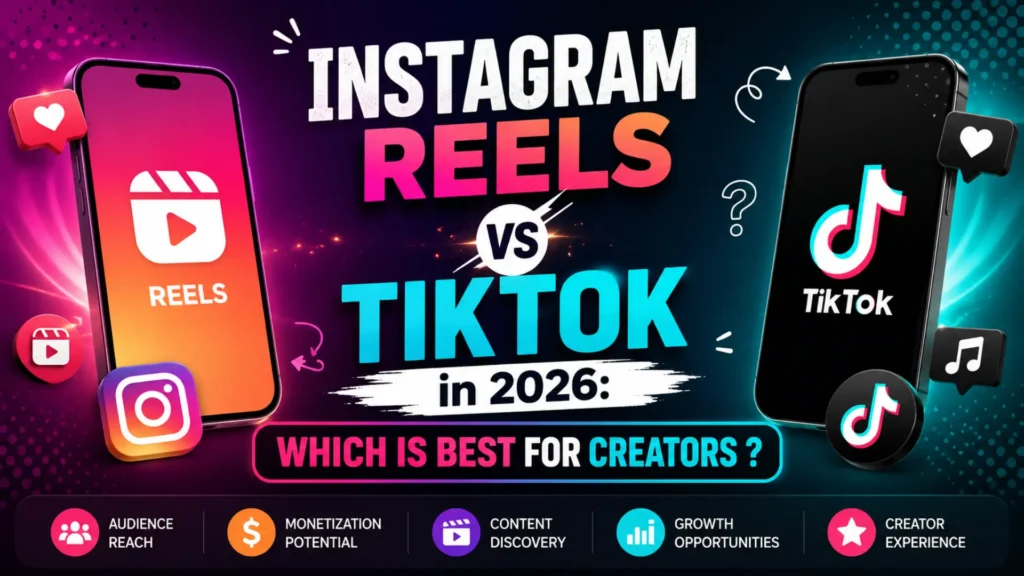 Instagram Reels vs TikTok comparison for creators showing audience reach, monetization, and growth features by Leemjaz.