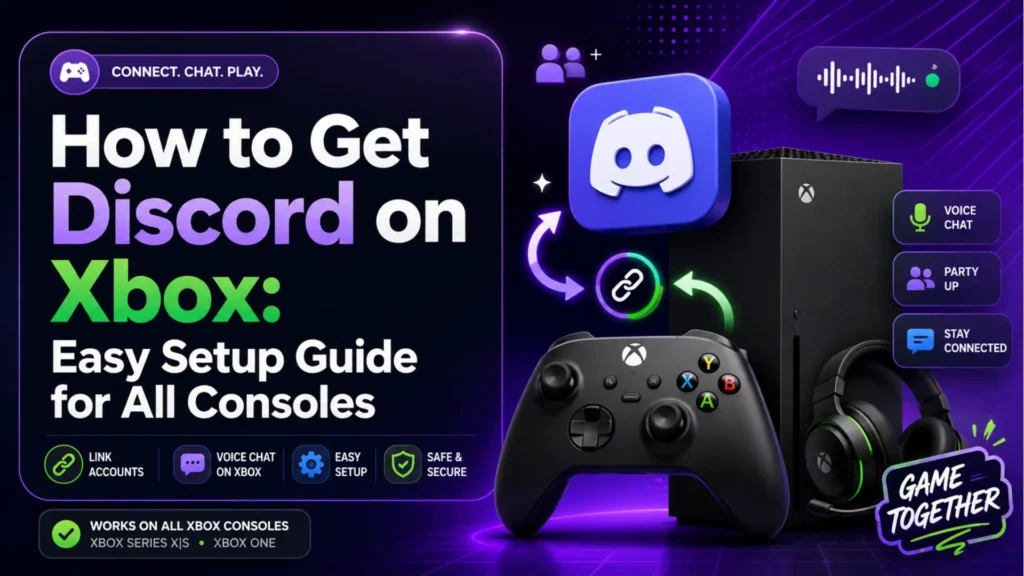 Gaming guide image showing how to connect Discord on Xbox with voice chat, linked accounts, and secure setup steps.