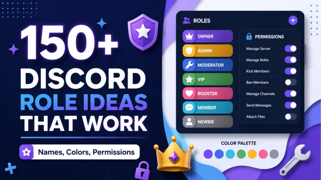 Discord server role ideas graphic showing owner, admin, moderator, VIP, booster, member roles, permissions, and color palette.