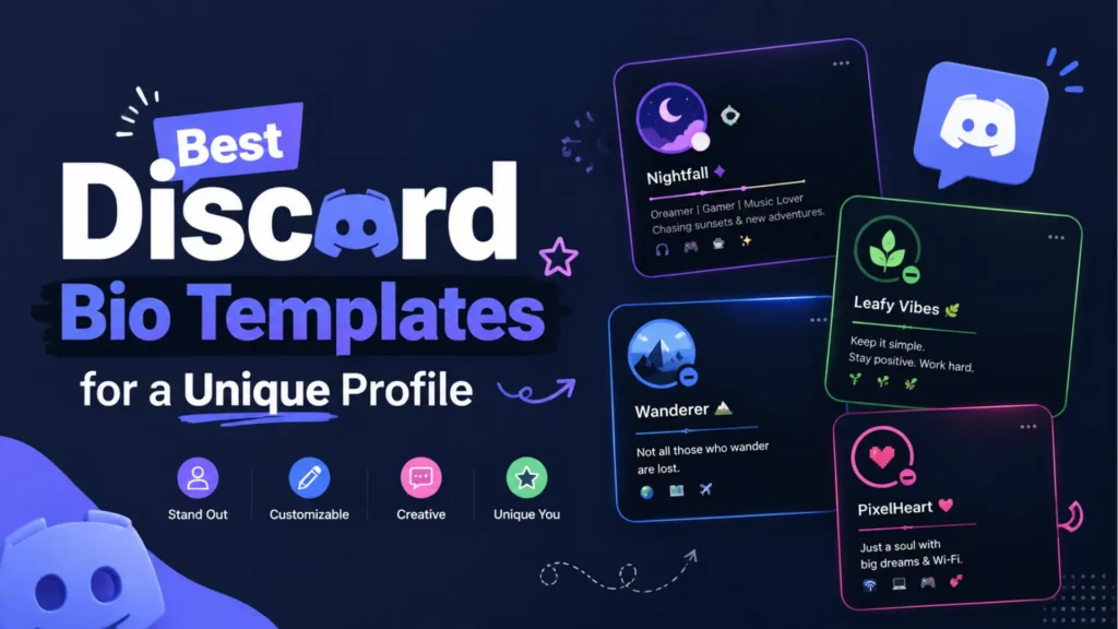 Discord bio templates image with profile cards and dark blue Discord theme