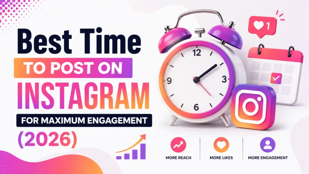 Instagram posting time strategy guide showing best timing to increase reach, likes, and engagement in 2026 by Leemjaz.