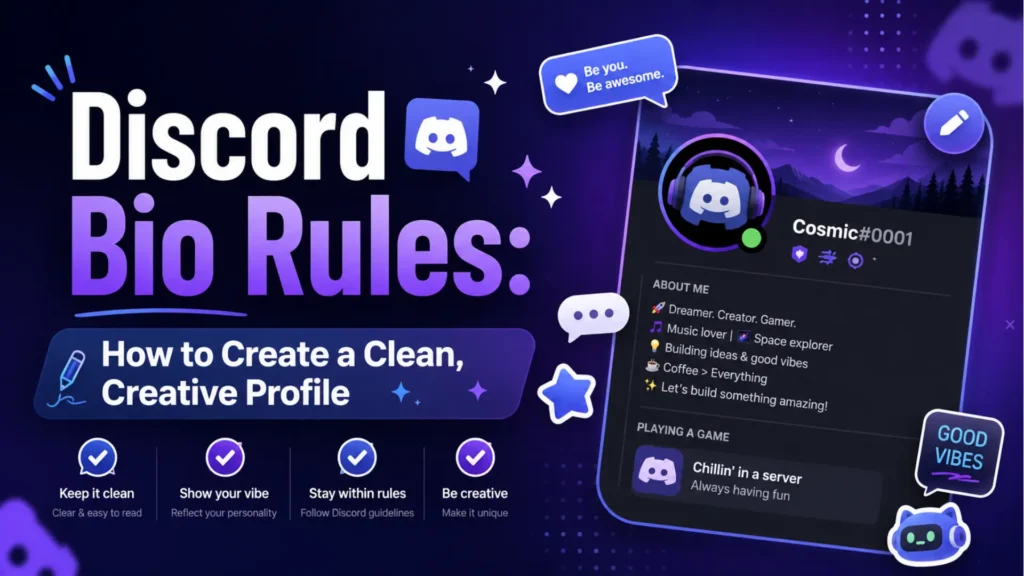 Discord bio rules graphic showing how to create a clean and creative profile with personality, good vibes, and profile tips.