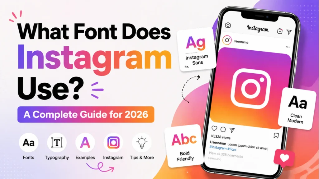 Instagram font guide graphic with phone screen, font cards and Instagram logo