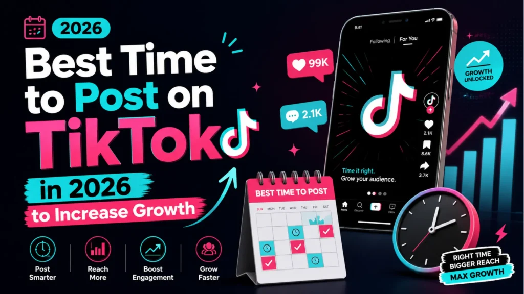 TikTok growth graphic showing the best time to post in 2026 with engagement, reach, growth, calendar, and posting strategy.