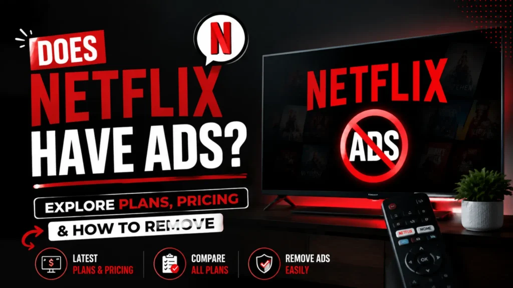 Netflix ads guide image with TV screen, no ads icon and pricing text