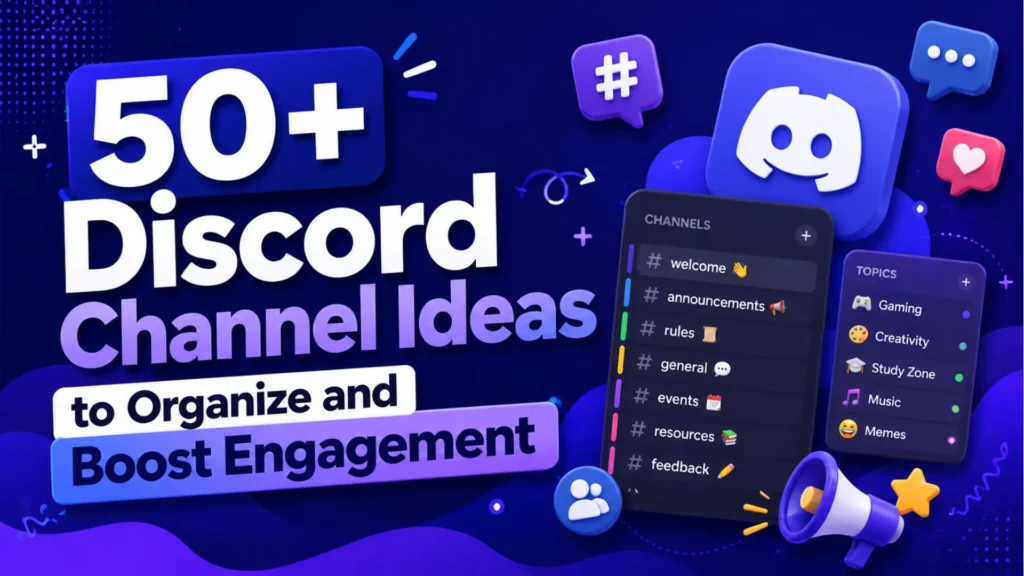 Discord channel ideas graphic showing welcome, announcements, rules, general, events, resources, and topic channels.