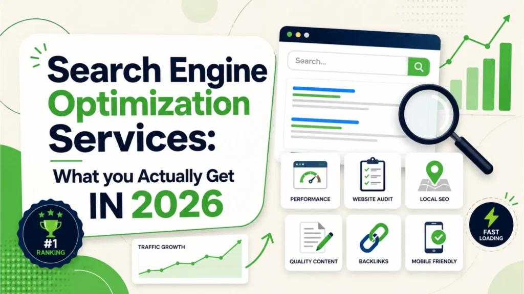 Canva-style blog featured image for Leemjaz digital marketing agency SEO services, showing search engine optimization, website audit, backlinks, local SEO, traffic growth, mobile-friendly features, fast loading, and ranking improvement in 2026.