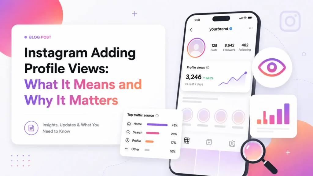 Instagram profile views blog graphic with analytics dashboard and phone screen by Leemjaz