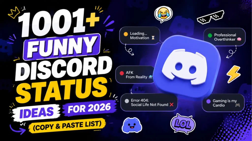 Funny Discord status ideas image with Discord logo, jokes and status boxes