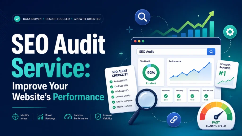 SEO audit service graphic showing site health, technical SEO, on-page SEO, keyword ranking, speed, and performance checklist.
