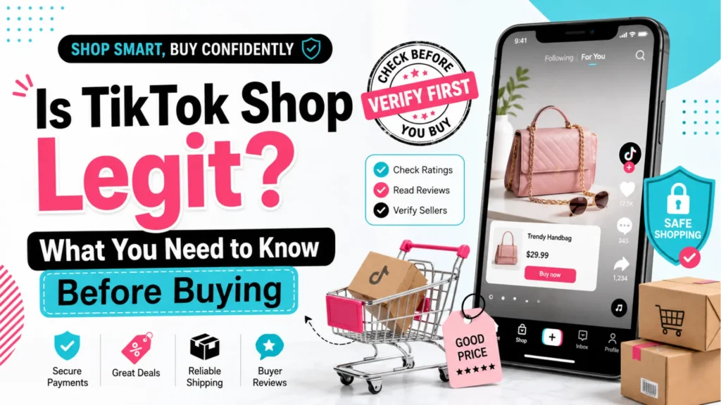 Graphic explaining if TikTok Shop is legit with buyer reviews, seller checks, safe shopping, and secure payments.