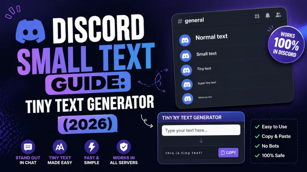 Discord small text guide showing tiny text generator, different text styles like small, tiny, and super tiny text for Discord chat customization by Leemjaz.