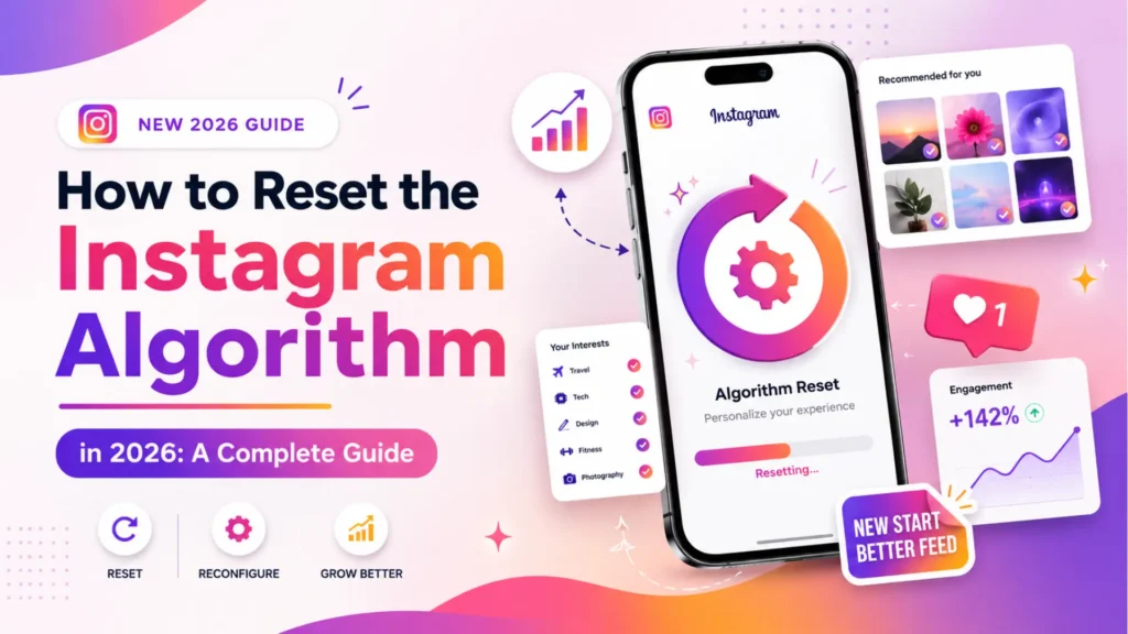Instagram guide graphic showing how to reset the Instagram algorithm for a better feed and improved engagement.