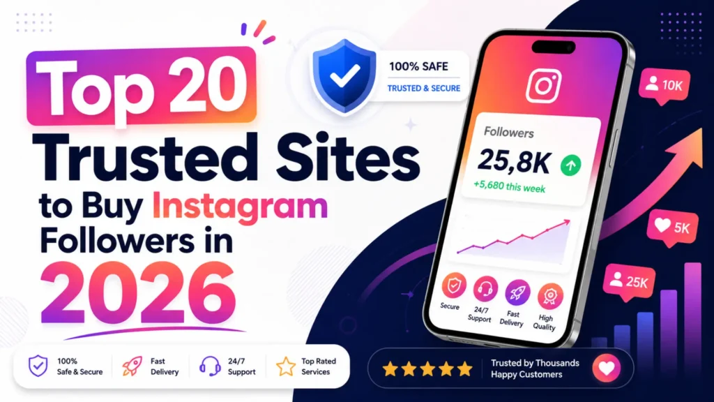 Blog featured image showing top 20 trusted sites to buy Instagram followers in 2026 with Instagram growth icons, follower count dashboard, safety badge, and social media engagement graphics by Leemjaz digital marketing agency.