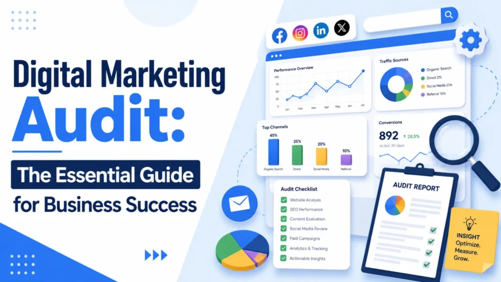 Digital marketing audit graphic with performance overview, traffic sources, conversions, checklist, and audit report.