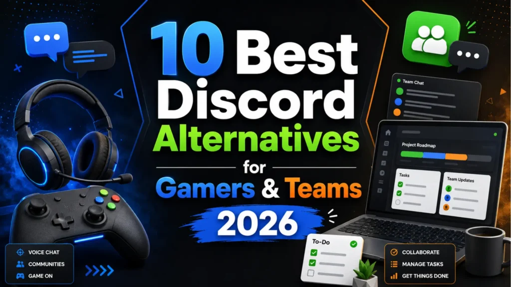 Comparison graphic showing the best Discord alternatives for gamers, teams, voice chat, communities, and collaboration.