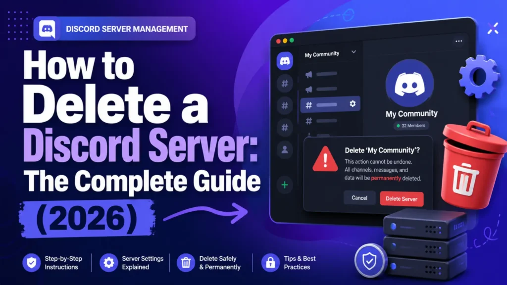 Step-by-step Discord server management graphic showing how to safely delete a Discord server permanently.