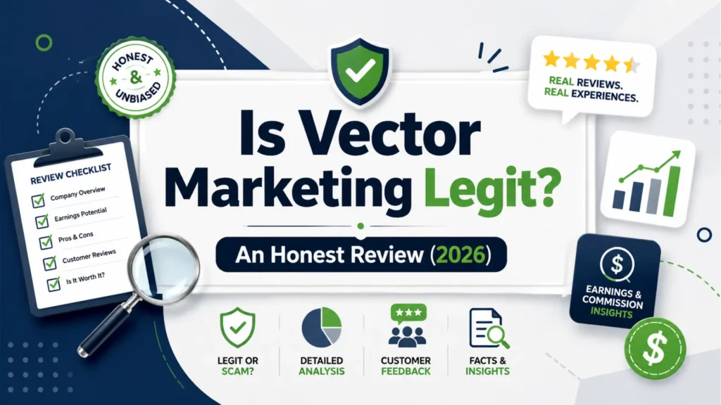 Review graphic asking if Vector Marketing is legit with checklist, customer feedback, earnings, and scam review points
