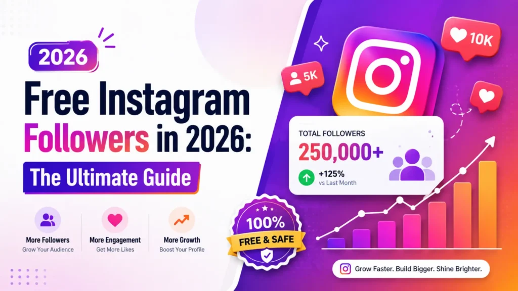 Instagram growth graphic about free Instagram followers in 2026 with audience growth, engagement, and profile boost.