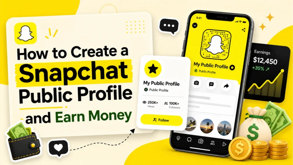 Snapchat guide graphic showing how to create a public profile, gain followers, track views, and earn money.