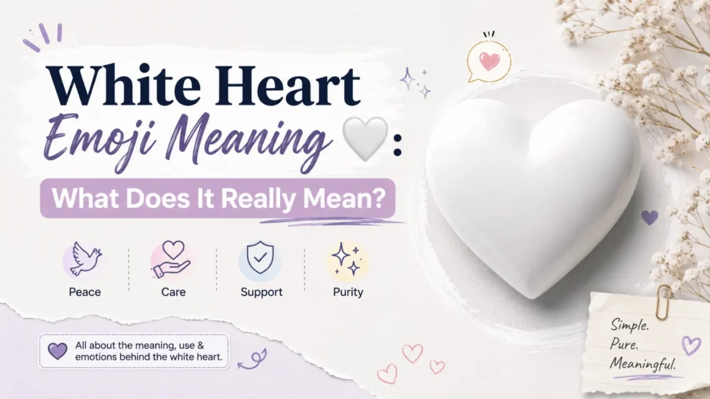 White heart emoji meaning breakdown showing purity, care, support, and emotional symbolism for digital communication by Leemjaz.