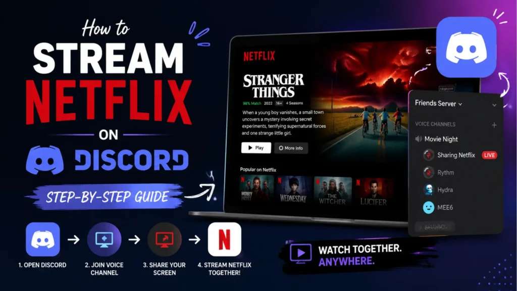 Netflix and Discord streaming guide graphic with laptop and Discord voice channel