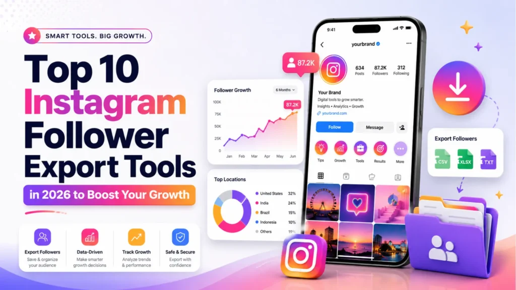 Instagram tools graphic showing follower export tools, audience data, growth tracking, and CSV/XLSX export options.