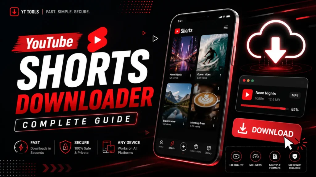 YouTube Shorts downloader graphic showing mobile Shorts, MP4 download, HD quality, secure download, and no signup.