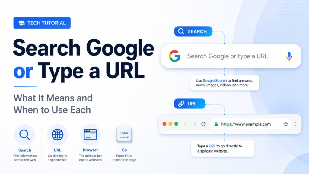 Tech tutorial graphic explaining search Google or type a URL with browser search, address bar, and direct website access.