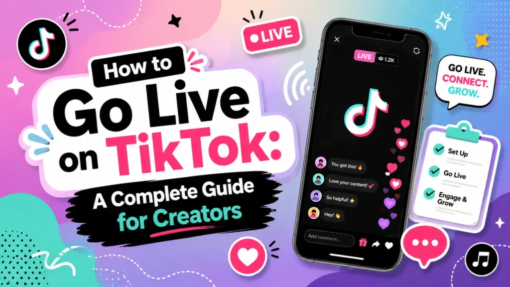 TikTok live guide graphic showing how creators can go live, connect with viewers, engage, and grow their audience.