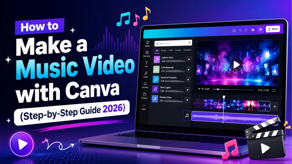 Canva tutorial graphic showing how to make a music video with audio tracks, timeline editing, and video preview.