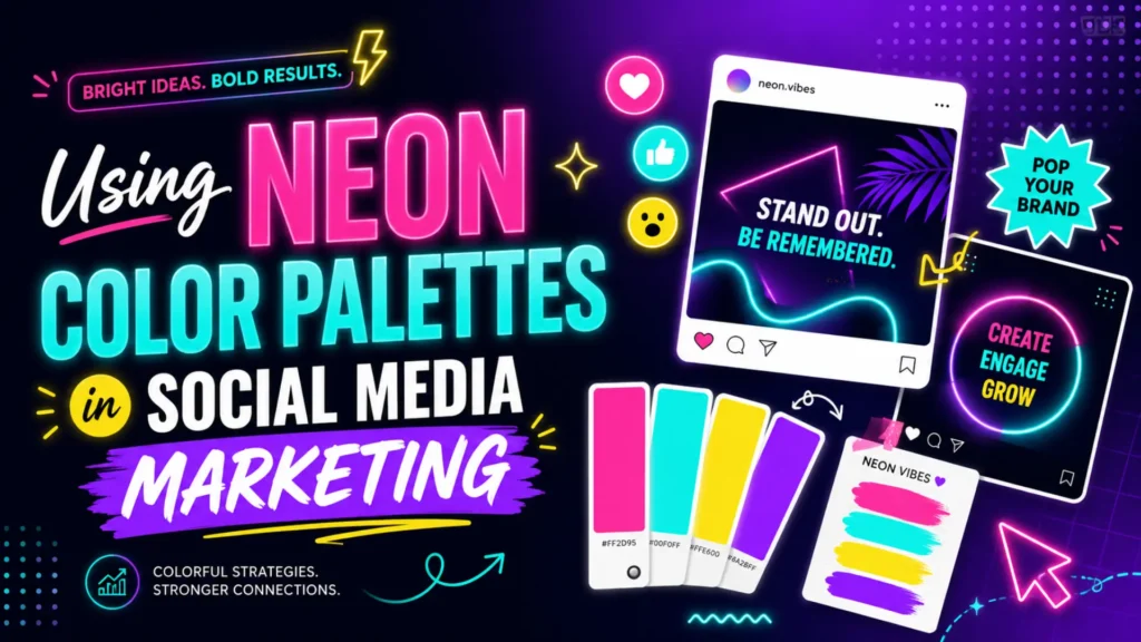 Social media design graphic showing neon color palettes, bright branding, engagement icons, and creative post examples