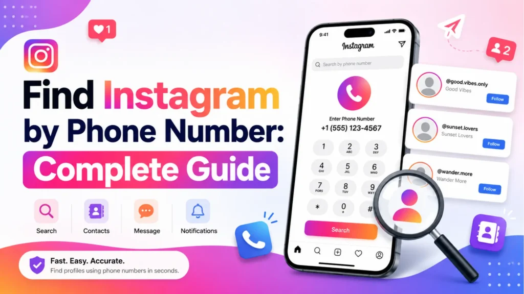 Instagram guide graphic showing how to find an Instagram profile by phone number using search and contact discovery.