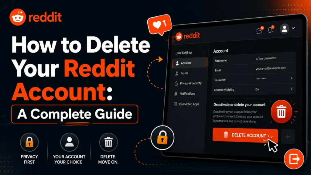 Reddit account deletion graphic showing account settings, privacy, delete account button, and permanent deletion guide