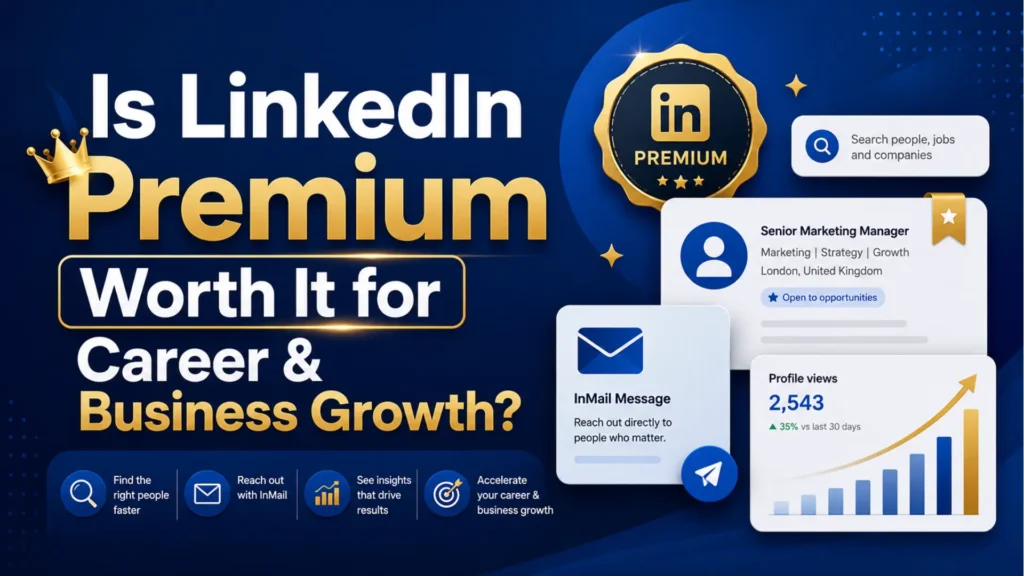 LinkedIn Premium blog featured image with InMail, profile views and growth chart