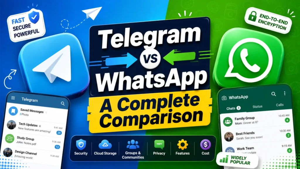 Comparison graphic showing Telegram vs WhatsApp features, including security, cloud storage, privacy, groups, and cost.