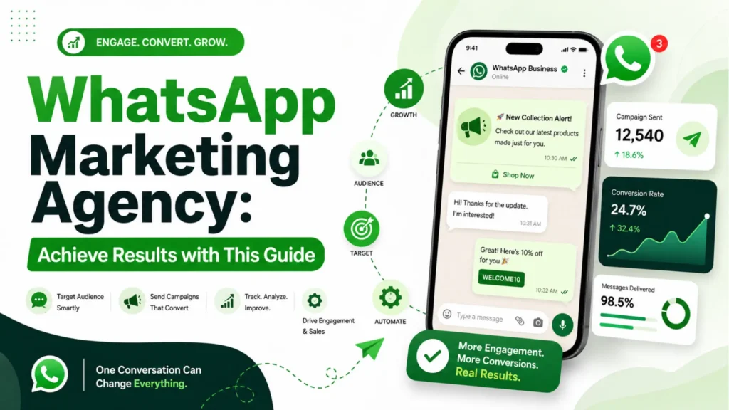 Graphic for Leemjaz showing WhatsApp marketing agency strategies with campaign messages, audience targeting, automation, conversion tracking, and engagement growth.