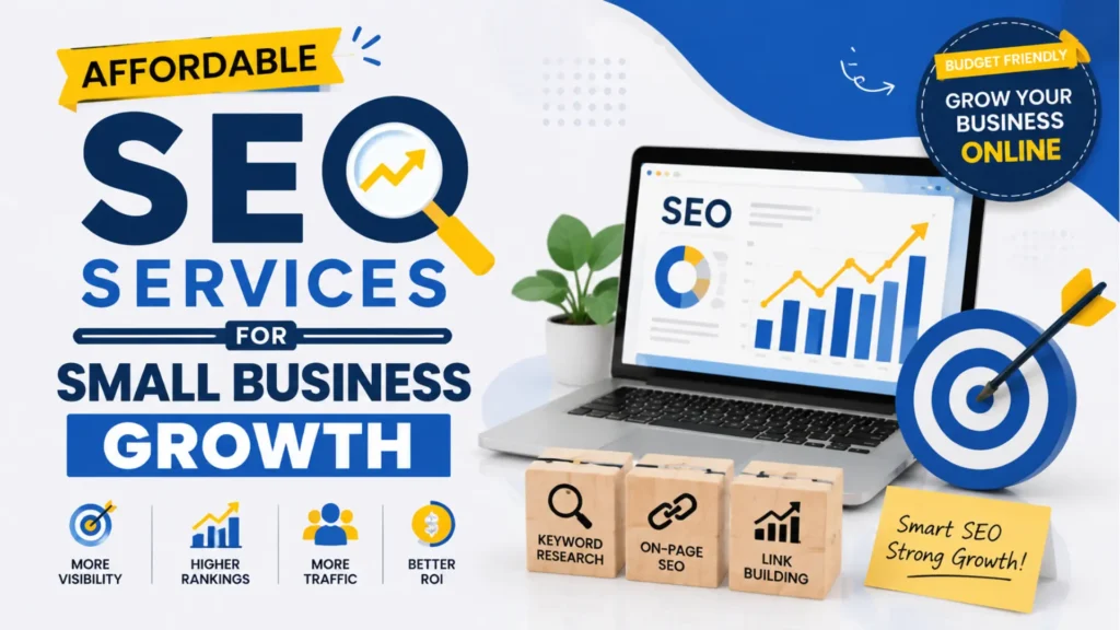 SEO services for small business graphic with laptop, target and keyword research blocks