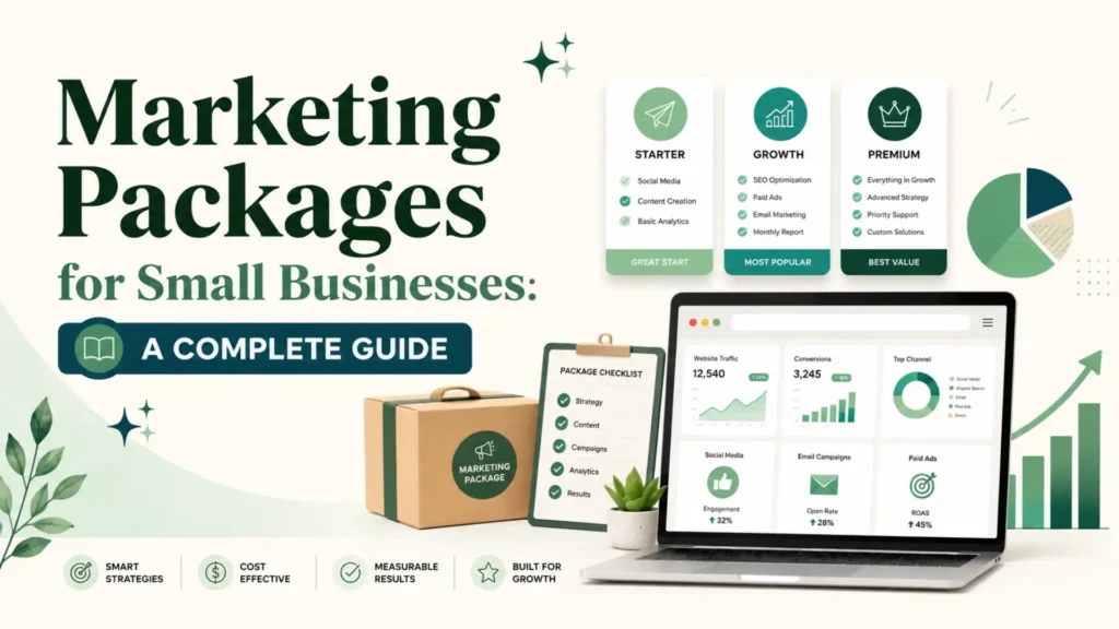 Visual guide showing marketing packages for small businesses with starter, growth, and premium plans plus analytics dashboard