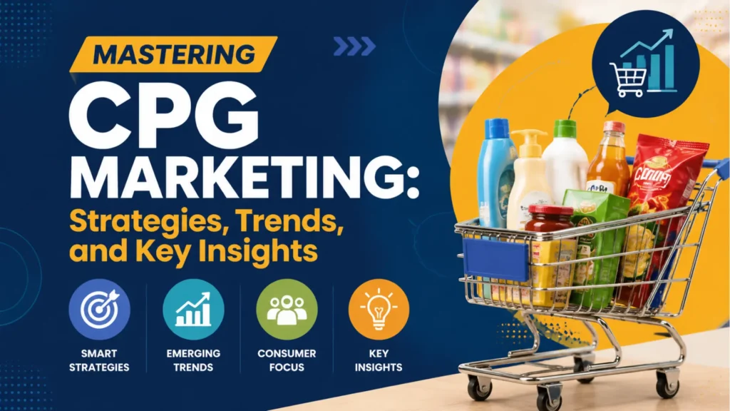CPG marketing blog image with shopping cart, products and growth icons