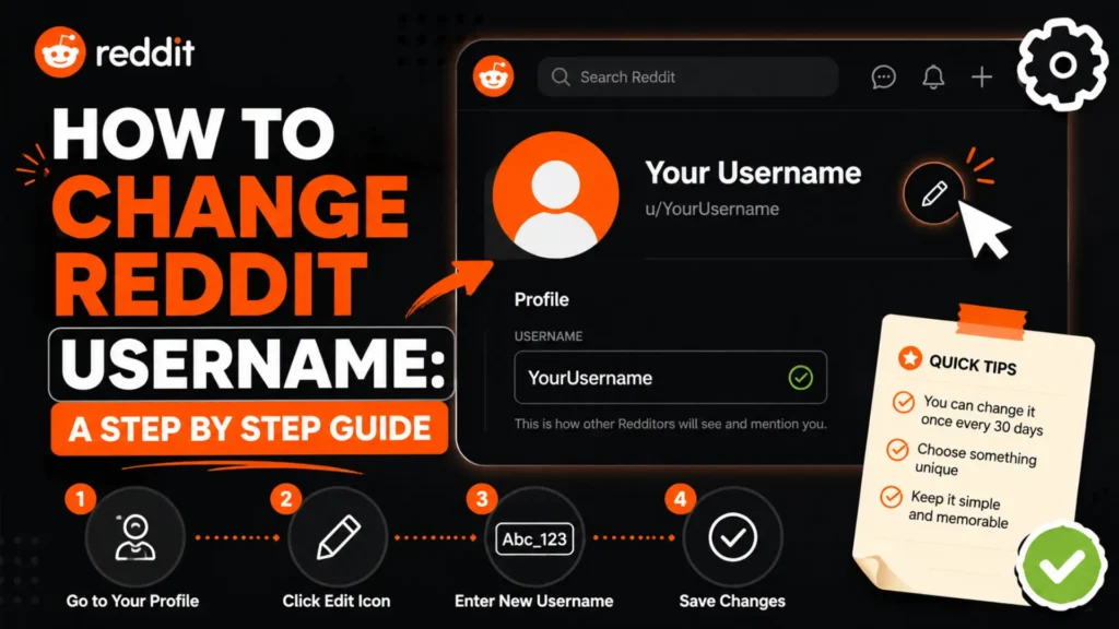 Step-by-step Reddit guide showing how to change a username through profile editing and save changes.