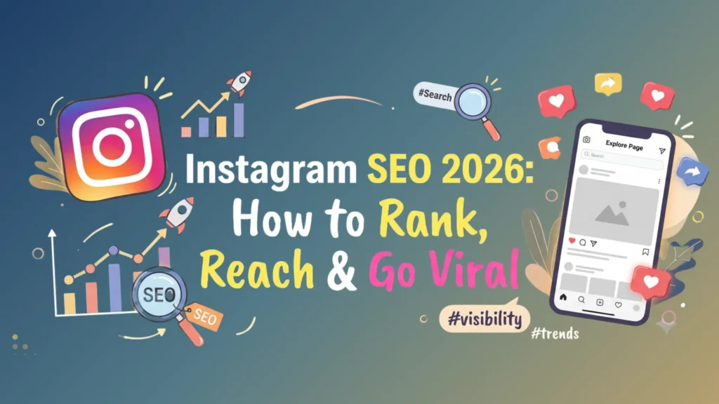 A colorful graphic showcasing Instagram SEO tips to rank, reach, and go viral, styled by Leemjaz digital marketing agency to highlight tailored social media optimization, digital marketing services, and core SEO services.
