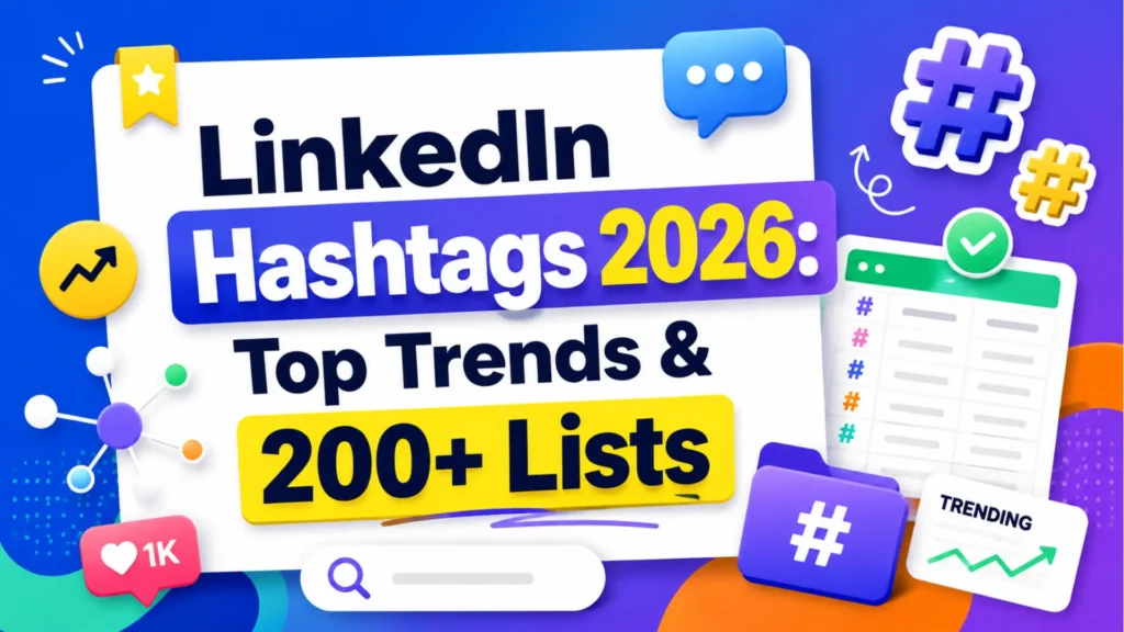 LinkedIn hashtags 2026 blog graphic with hashtag icons and trending chart