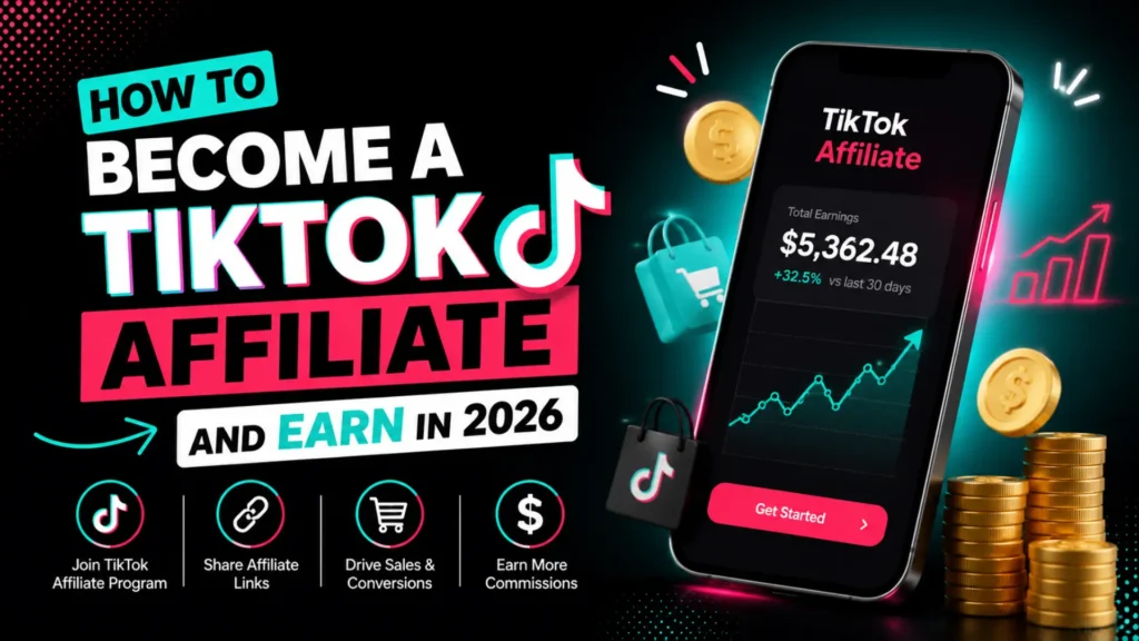 TikTok affiliate marketing guide showing how to become an affiliate and earn commissions through content and sales by Leemjaz.