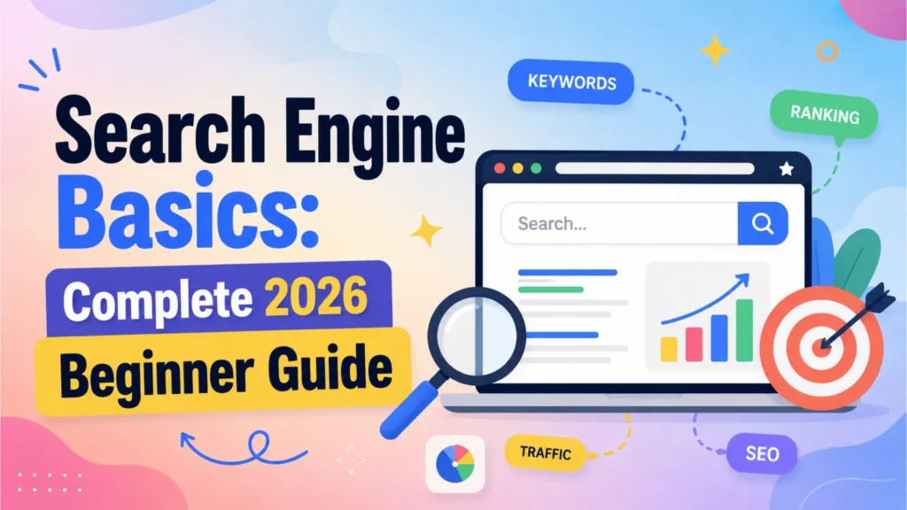 Colorful blog featured image for “Search Engine Basics: Complete 2026 Beginner Guide,” showing a search bar, SEO ranking labels, traffic icon, target symbol, magnifying glass, and analytics graphics for Leemjaz Marketing Agency.