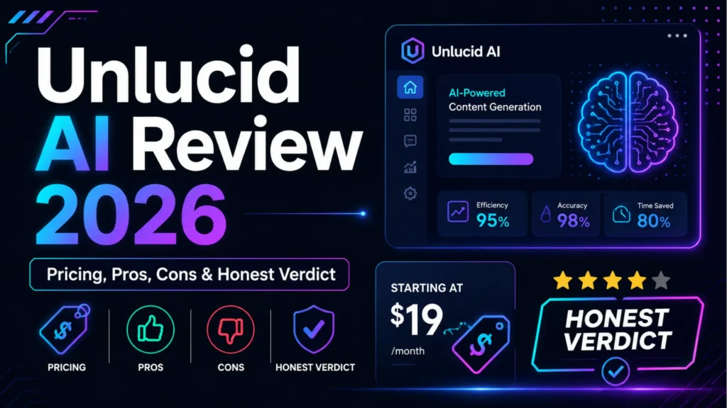 Dark tech-style review graphic for Unlucid AI showing pricing, pros, cons, features, and honest verdict for 2026.