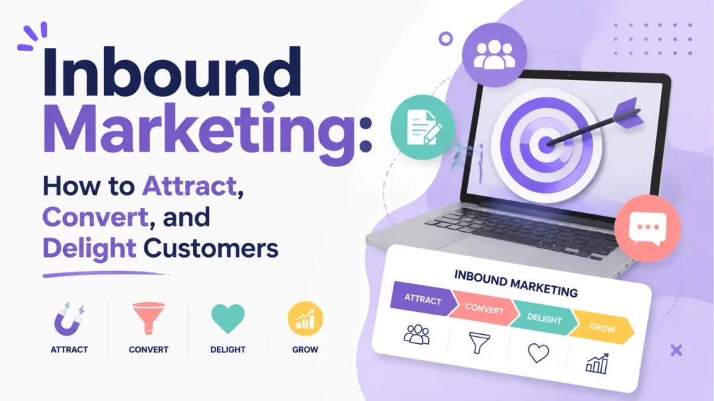 Inbound marketing blog image with laptop target, funnel card and growth icons
