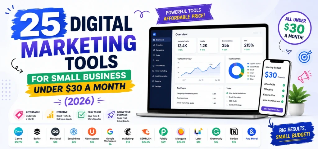 Featured banner for '25 Digital Marketing Tools for Small Business Under $30 a Month (2026)' showing a laptop with a marketing analytics dashboard, a smartphone displaying a $30 monthly budget, affordability badges, and logos of popular marketing tools including Canva, Buffer, Metricool, Sendinblue, Ubersuggest, Google Workspace, Mailchimp, SEMrush, Pabbly, Mangools, Later, Grammarly, and Notion.